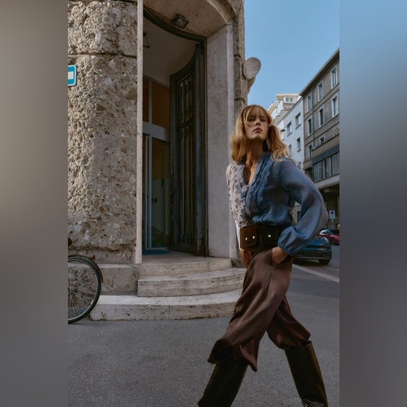 Zara SATIN BROWN BALLOON PANTS XL NWT - Picture 5 of 16